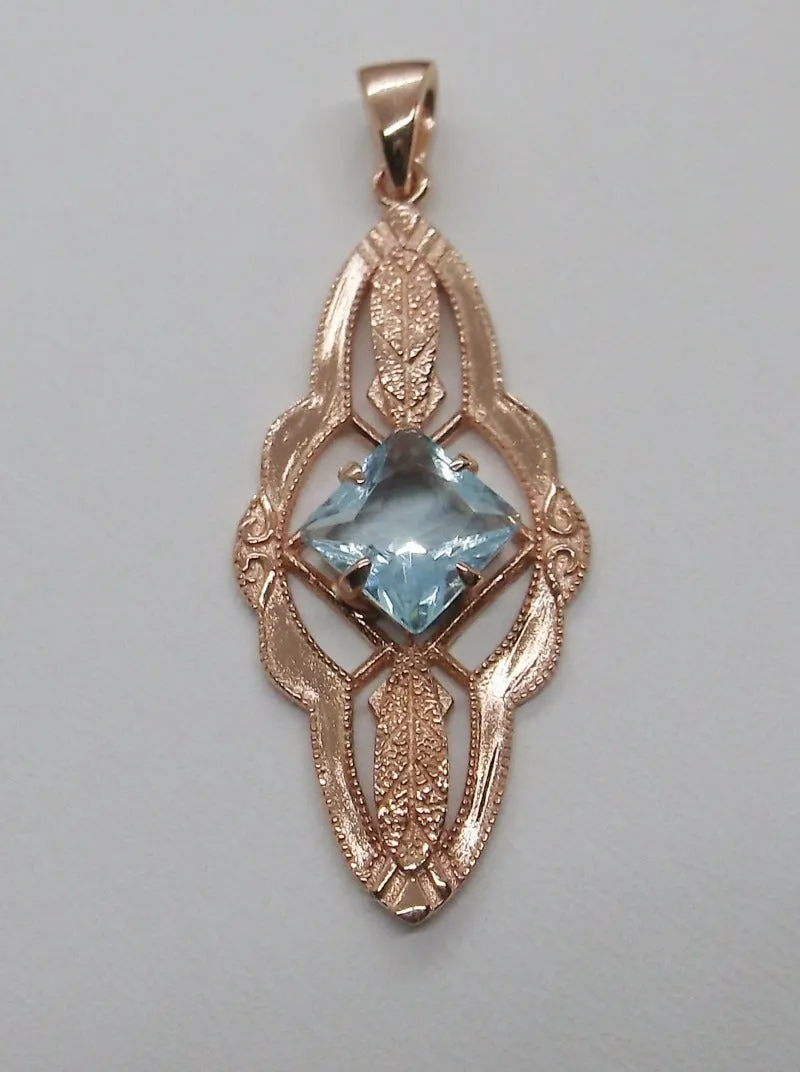 Topaz Pendant, Rose Gold, Natural Sky Blue Topaz Victorian Necklace #P6
