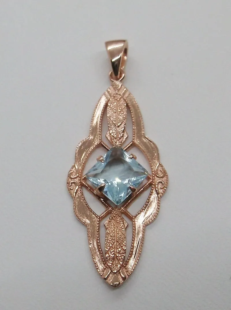 Topaz Pendant, Rose Gold, Natural Sky Blue Topaz Victorian Necklace #P6