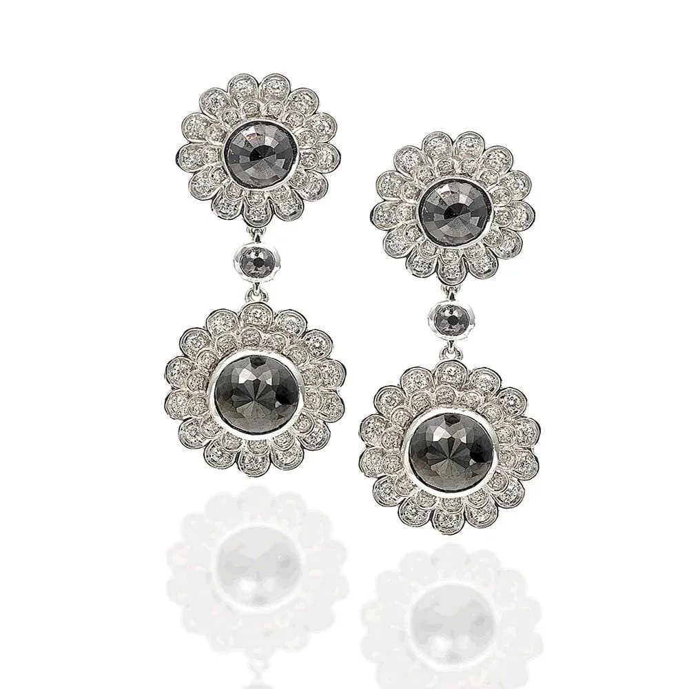Trinity Deco Flower Drop Earrings with Black and White Diamonds