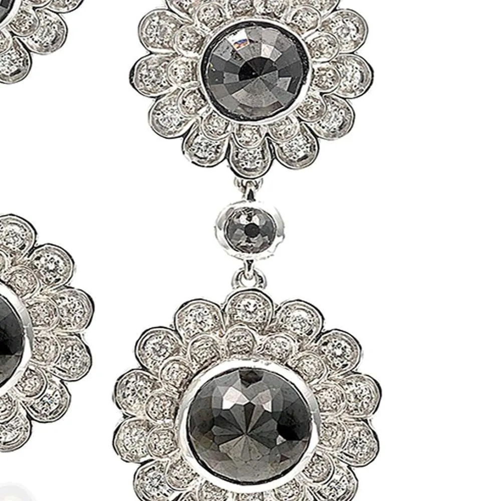 Trinity Deco Flower Drop Earrings with Black and White Diamonds