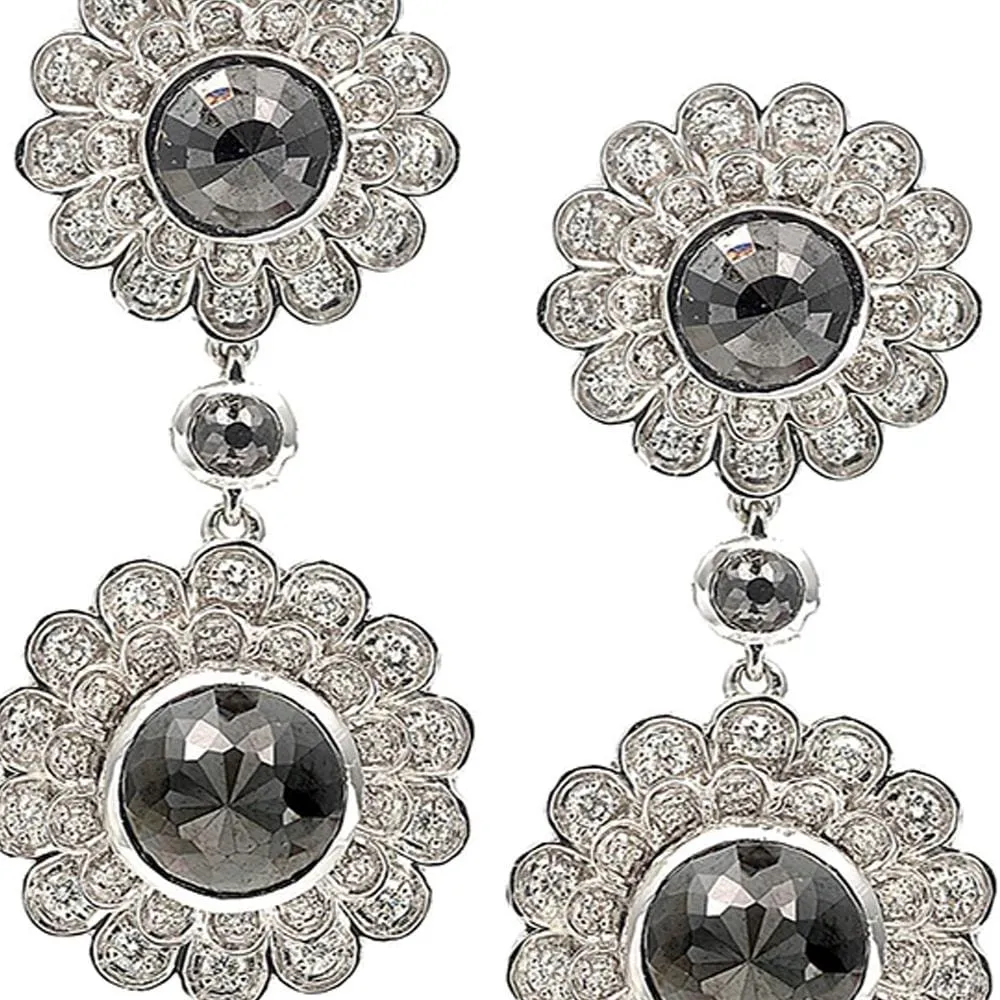 Trinity Deco Flower Drop Earrings with Black and White Diamonds