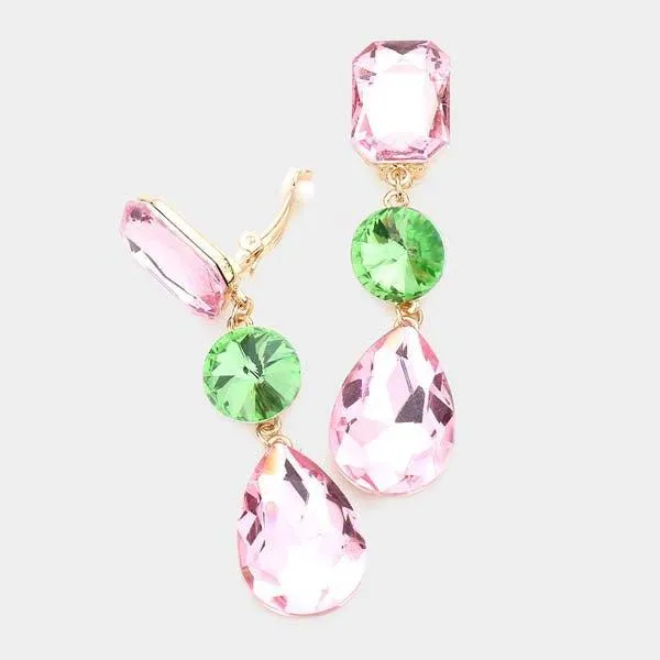 Triple Pink and Green Crystal Clip On Earrings