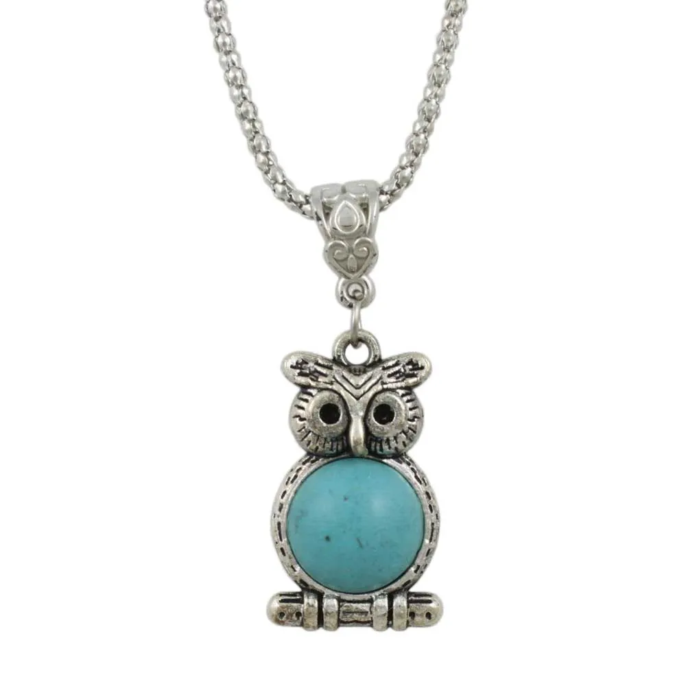 Turquoise Owl Pendant on Antique Silver Chain - PT515