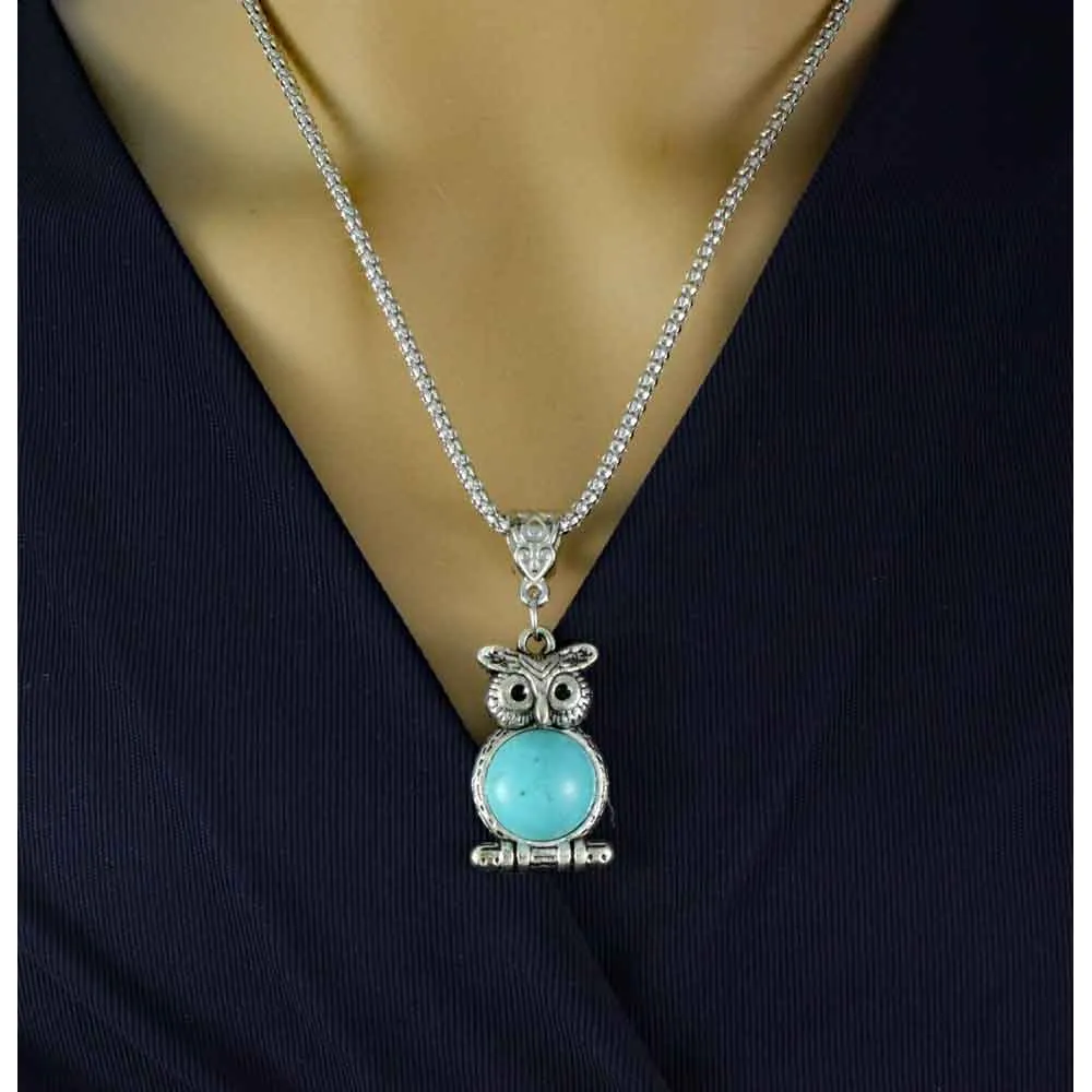 Turquoise Owl Pendant on Antique Silver Chain - PT515