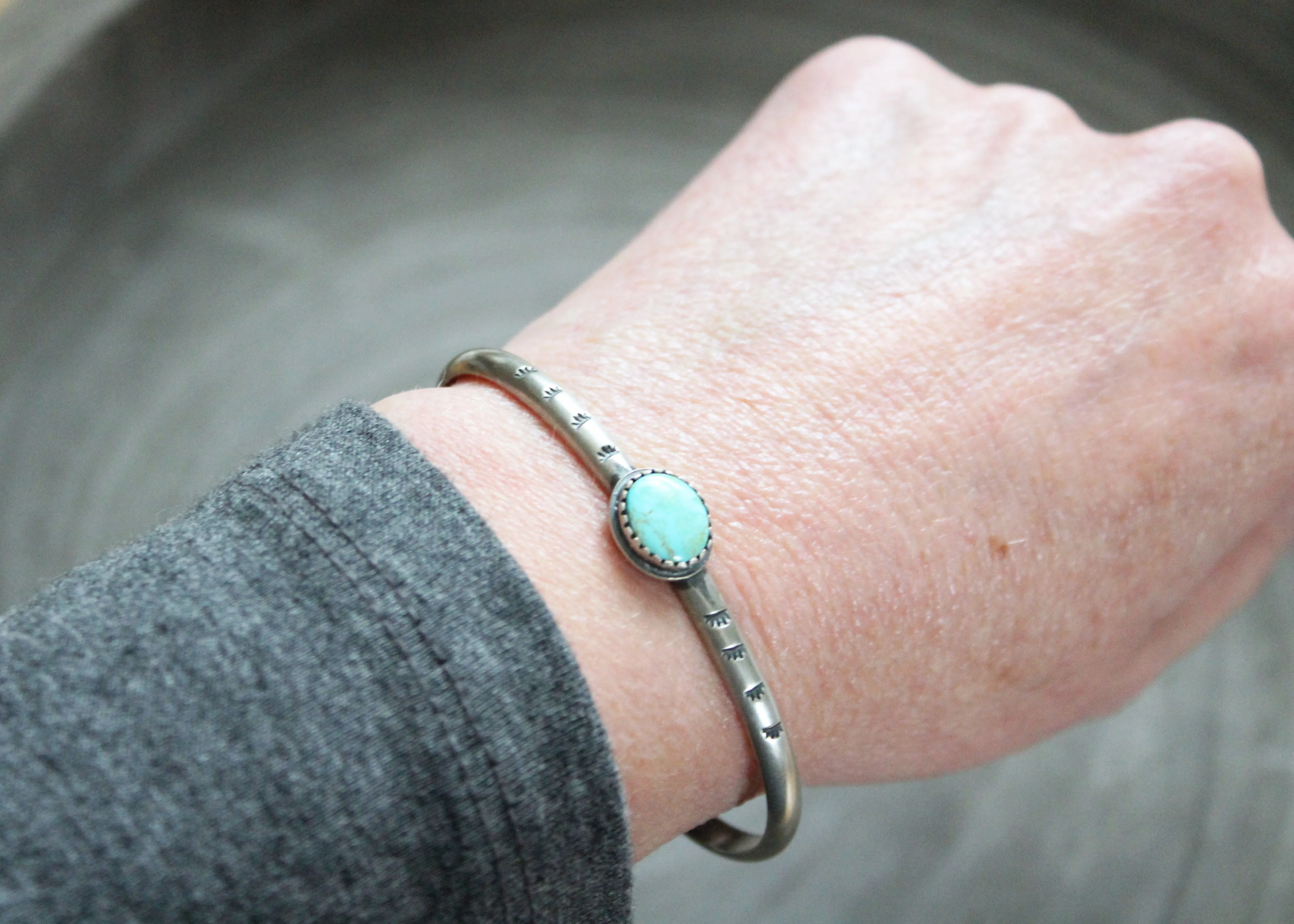 Turquoise Stamped Silver Stacking Cuff Bracelet