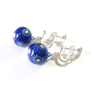 Venetian Glass Cobalt Blue Millefiori Ball Silver Earrings, Clip On Earrings