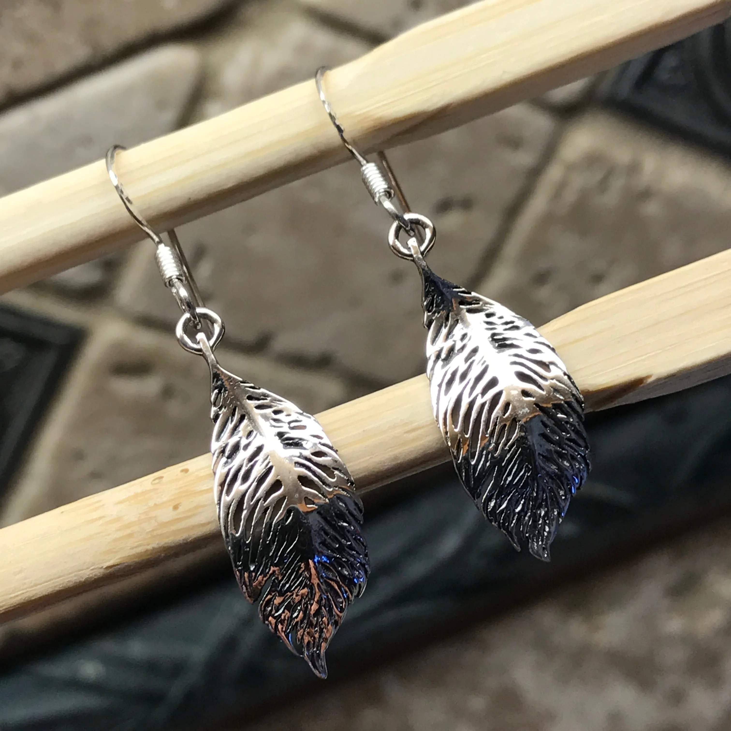 Victorian Leaf 925 Solid Sterling Silver Dangle Earrings 35mm