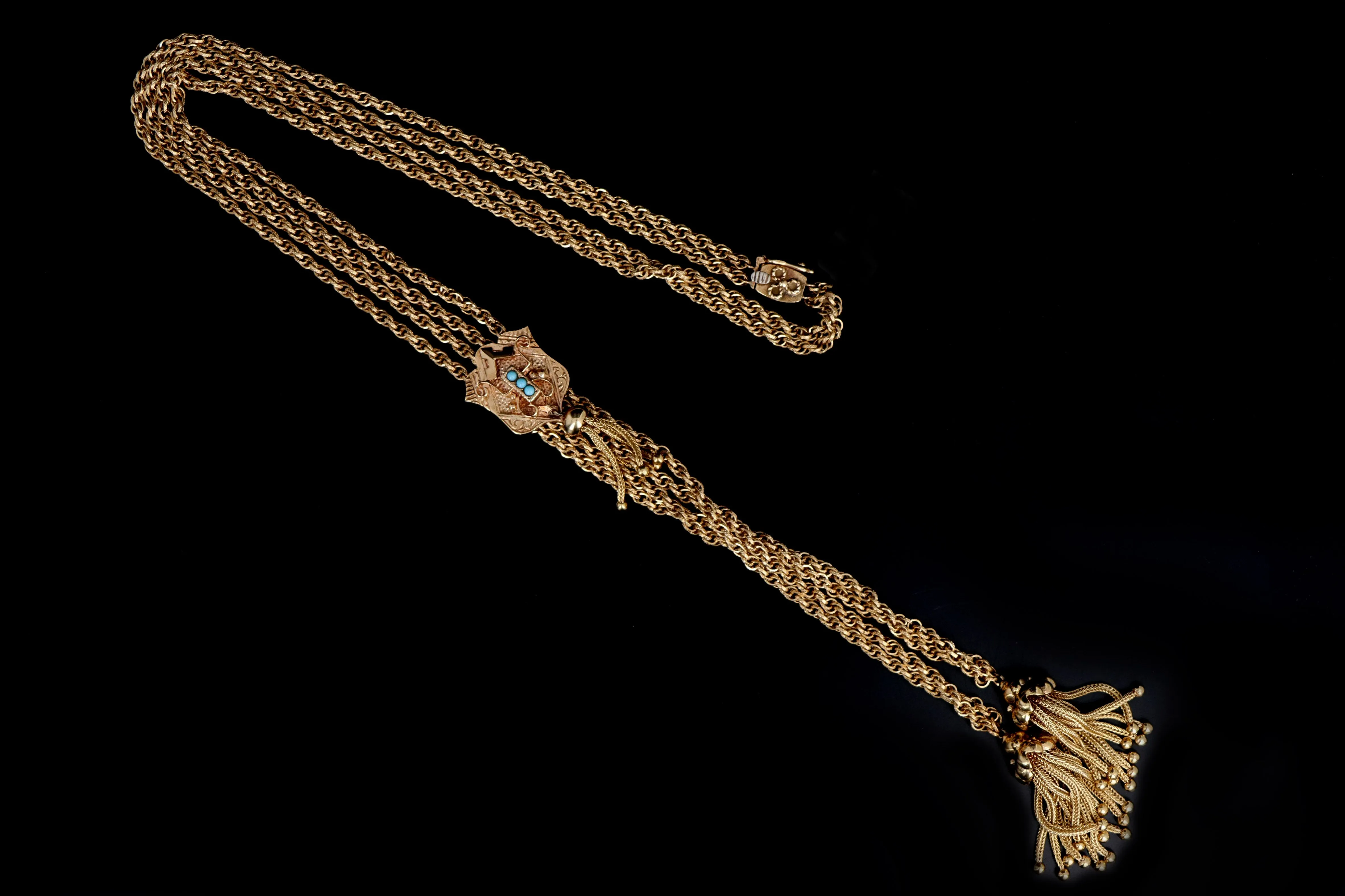 Victorian Revival 14K Yellow Gold Turquoise Lariat Necklace