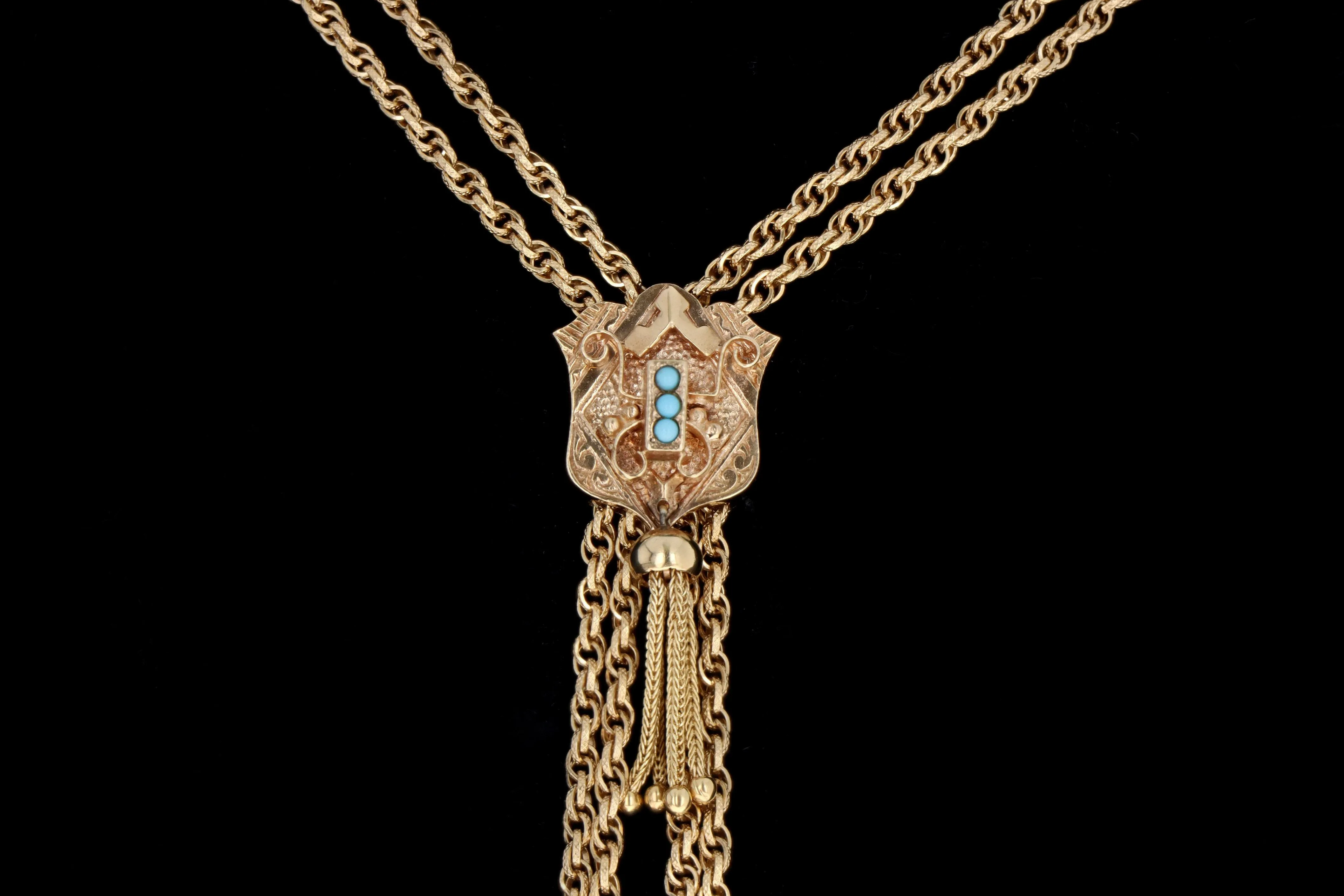 Victorian Revival 14K Yellow Gold Turquoise Lariat Necklace