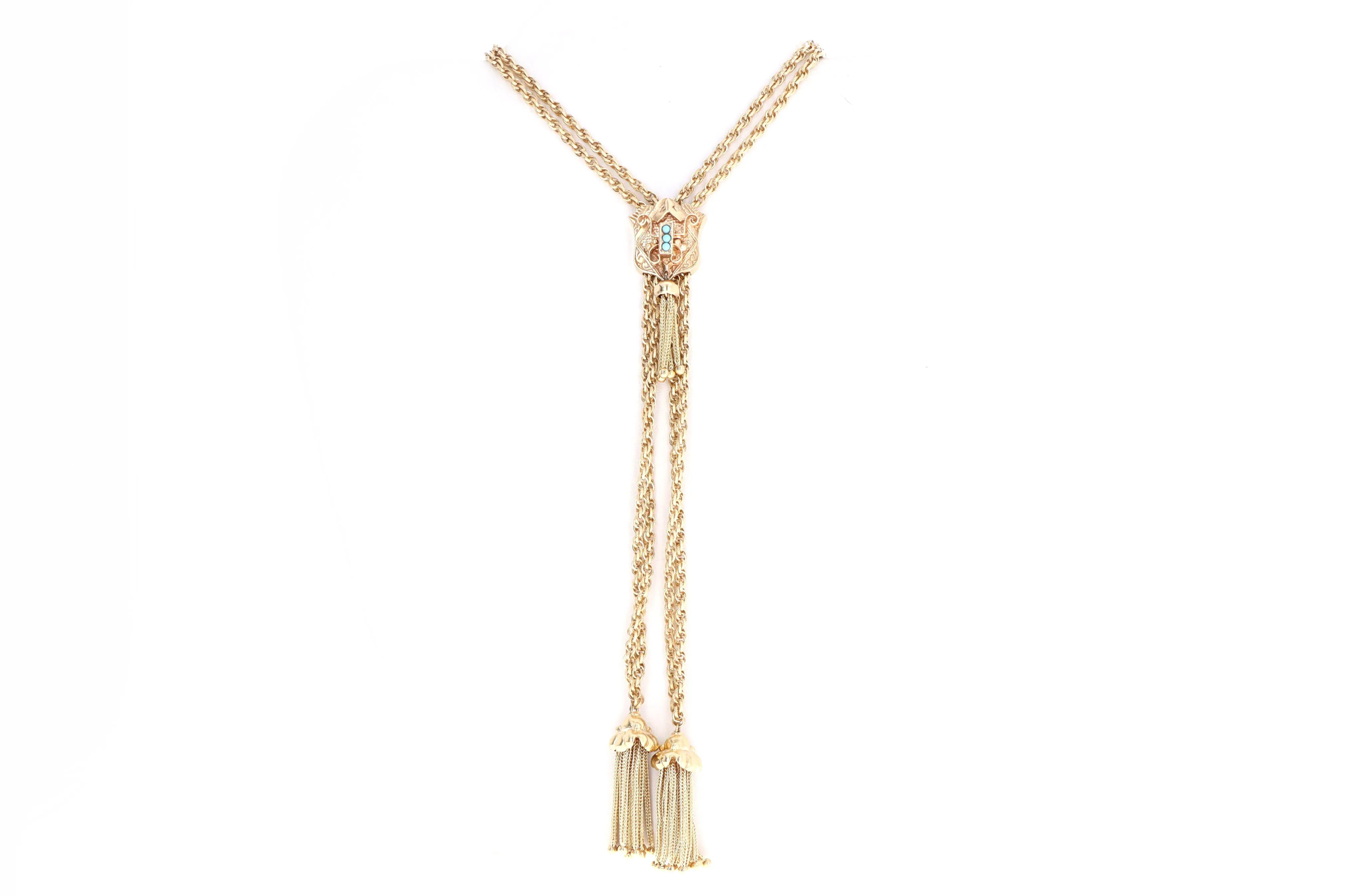 Victorian Revival 14K Yellow Gold Turquoise Lariat Necklace