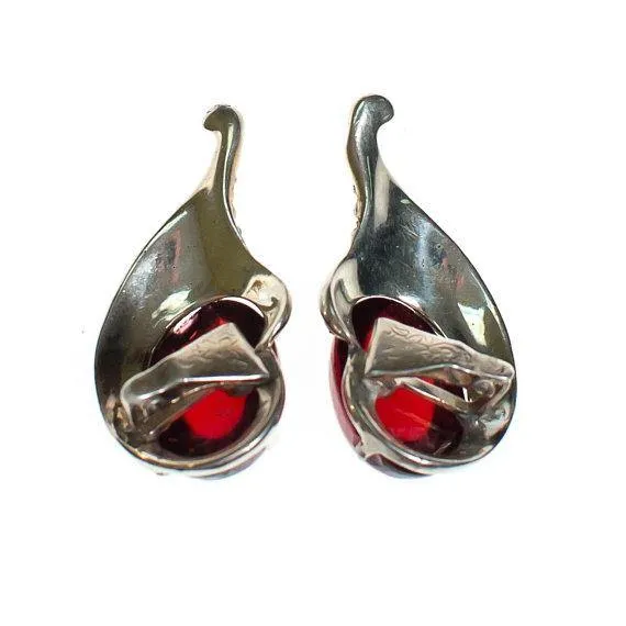 Vintage 1940s Crown Trifari Ruby Crystal Cabochon Silver Earrings