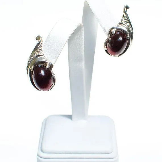 Vintage 1940s Crown Trifari Ruby Crystal Cabochon Silver Earrings