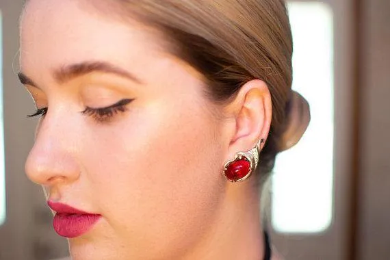 Vintage 1940s Crown Trifari Ruby Crystal Cabochon Silver Earrings