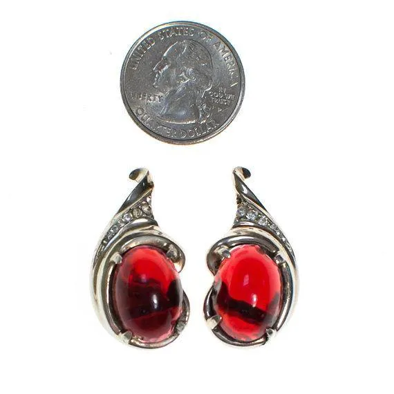 Vintage 1940s Crown Trifari Ruby Crystal Cabochon Silver Earrings