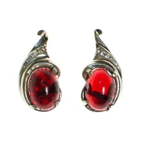 Vintage 1940s Crown Trifari Ruby Crystal Cabochon Silver Earrings