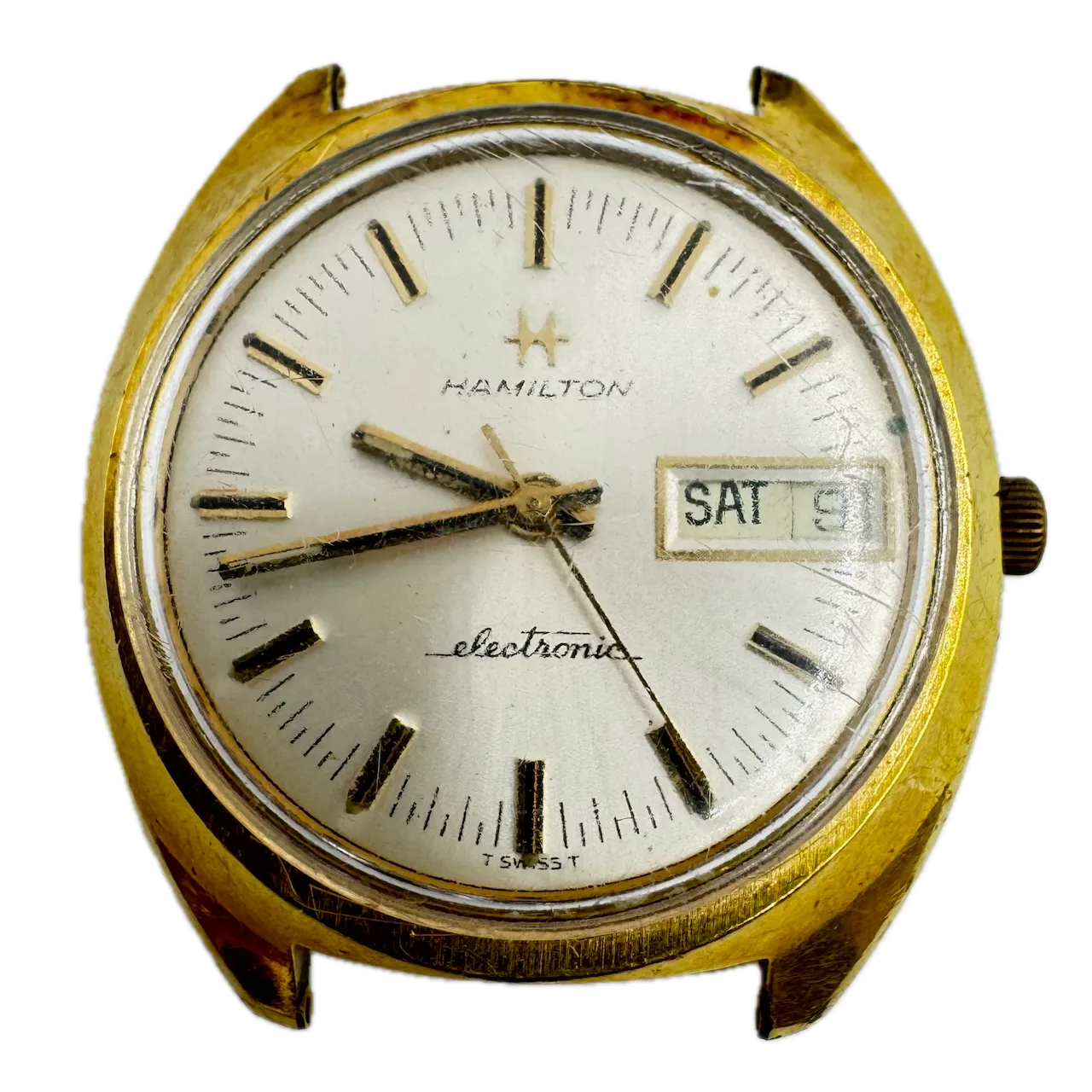 Vintage 37mm Hamilton Sunburst Day Date Men's Electronic Wristwatch 702 Swiss