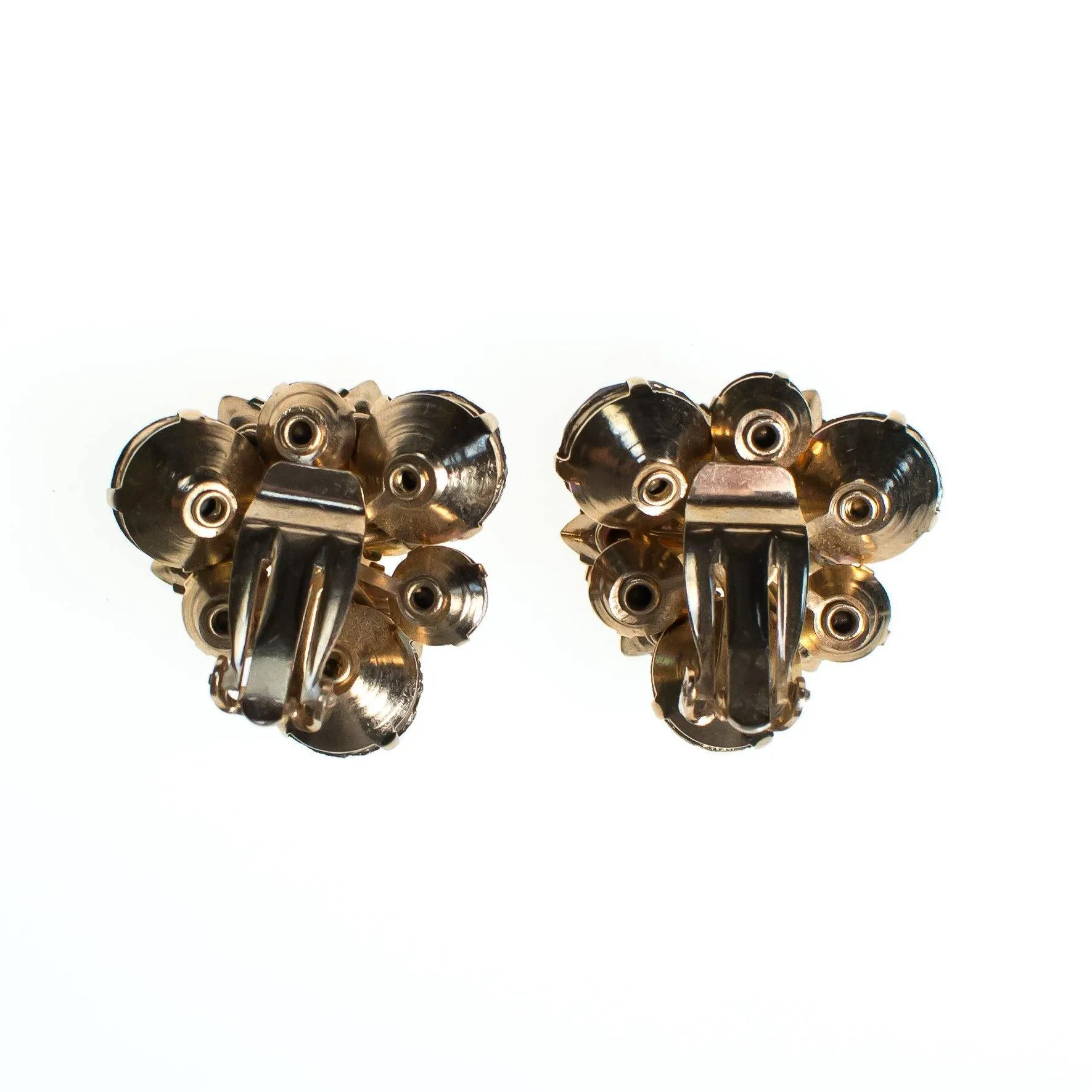 Vintage Amber Brown Rhinestone Earrings, Gold Tone Setting, Clip-on