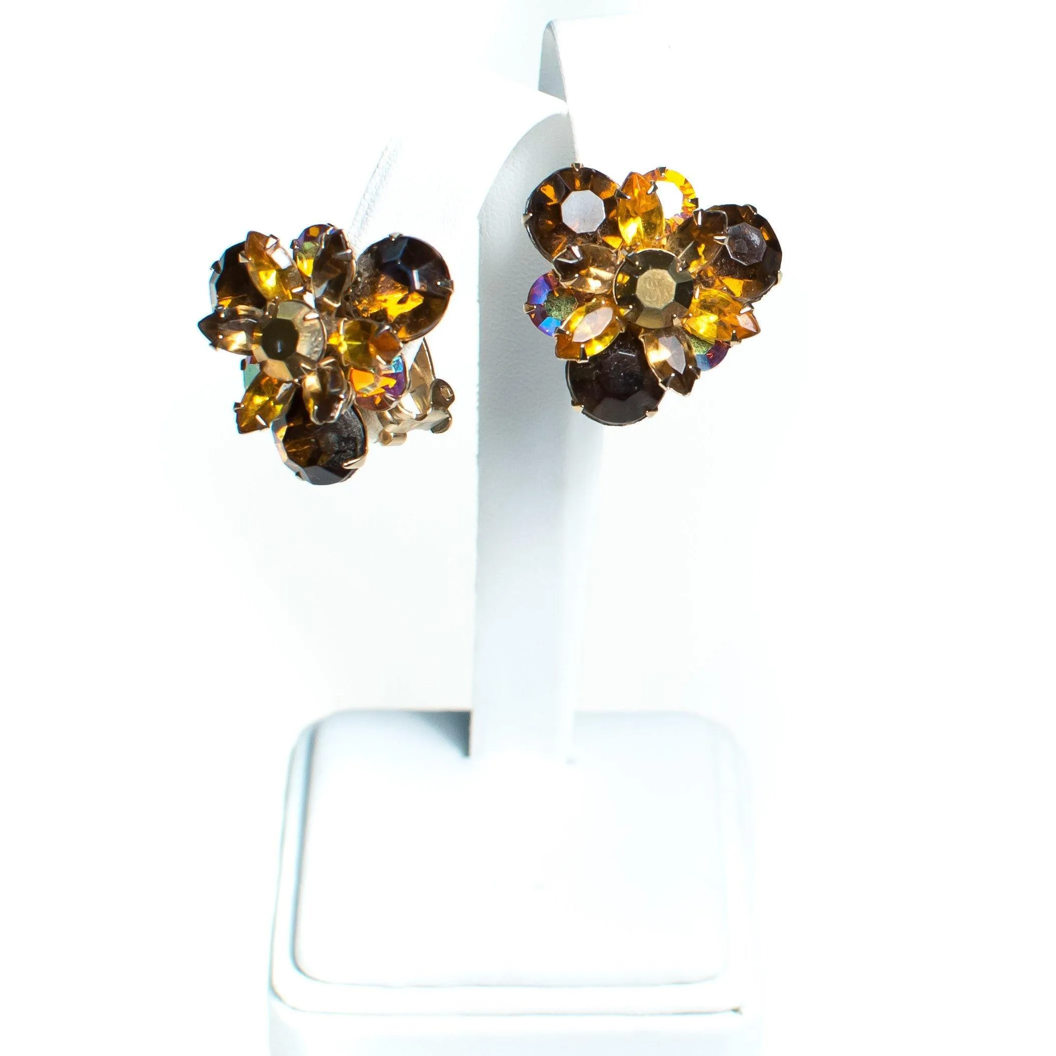 Vintage Amber Brown Rhinestone Earrings, Gold Tone Setting, Clip-on