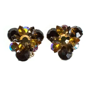 Vintage Amber Brown Rhinestone Earrings, Gold Tone Setting, Clip-on