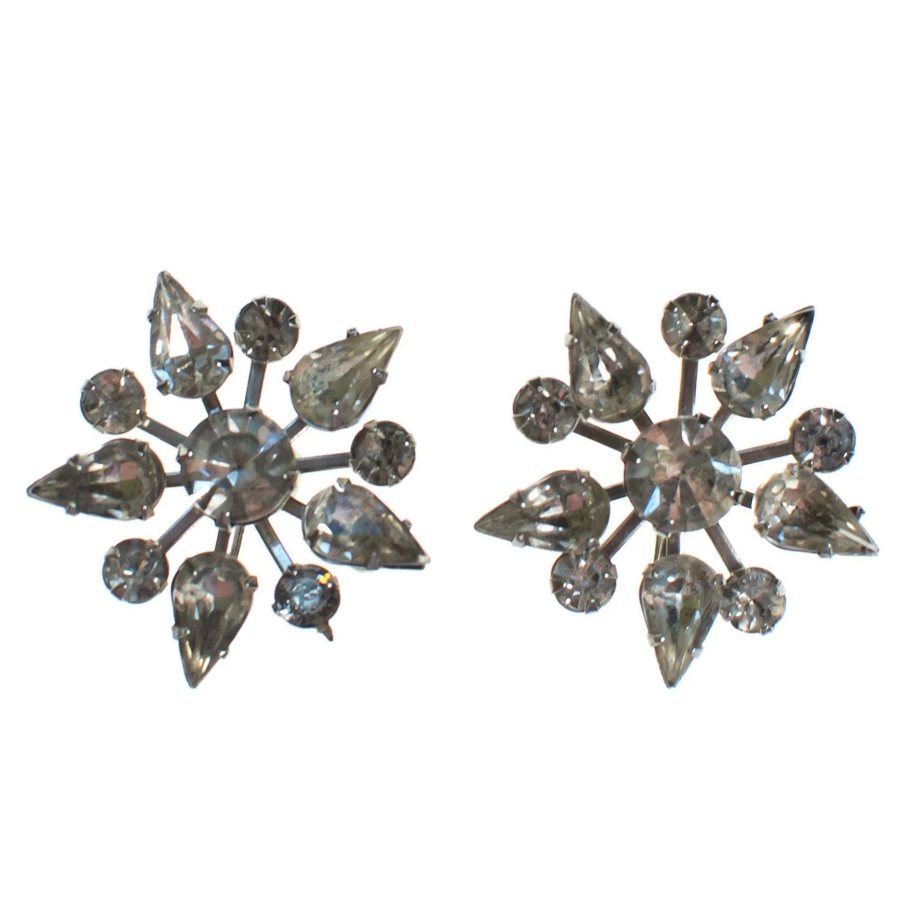Vintage Art Deco Diamante Crystal Rhinestone Snowflake Earrings, Silver Tone, Screw Back
