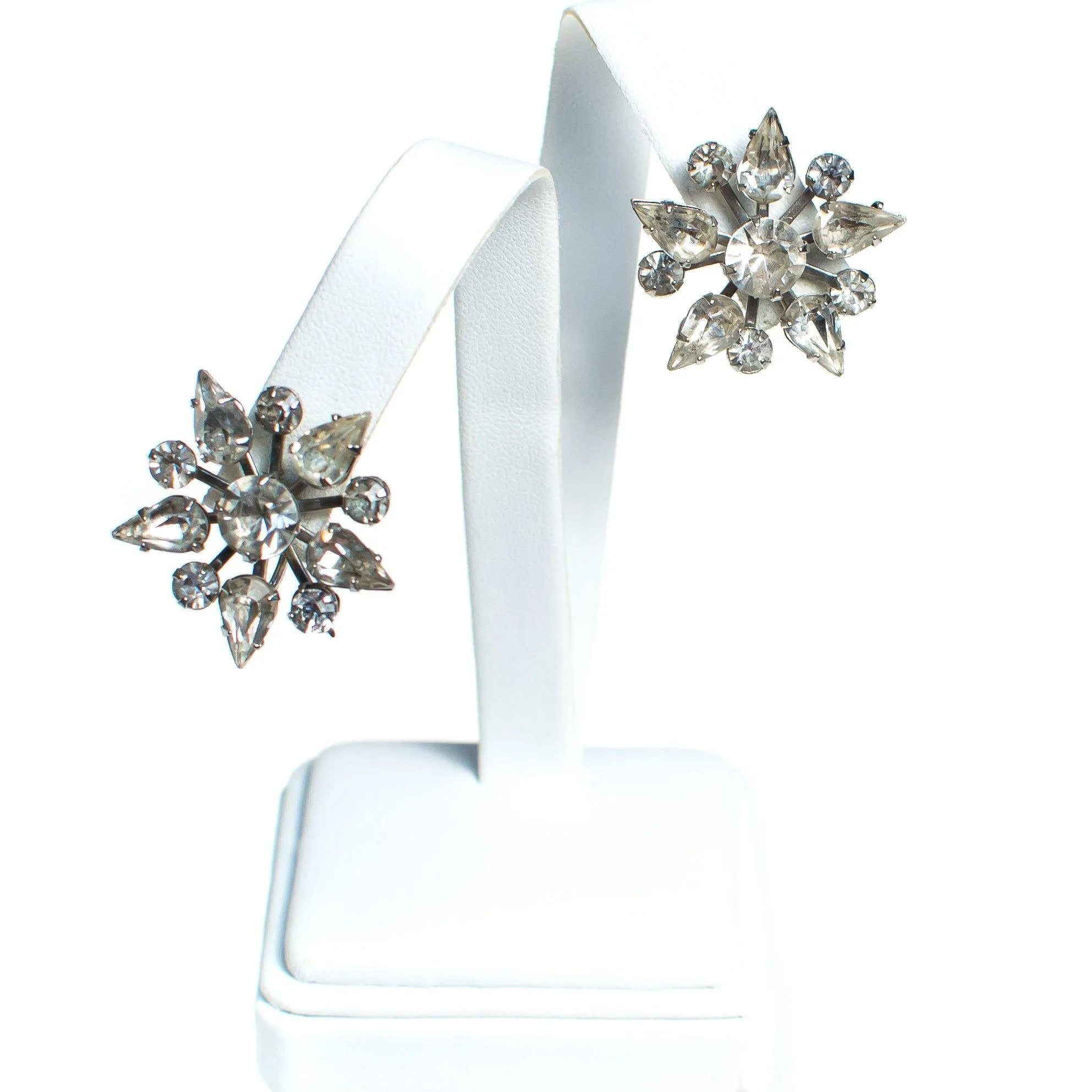 Vintage Art Deco Diamante Crystal Rhinestone Snowflake Earrings, Silver Tone, Screw Back