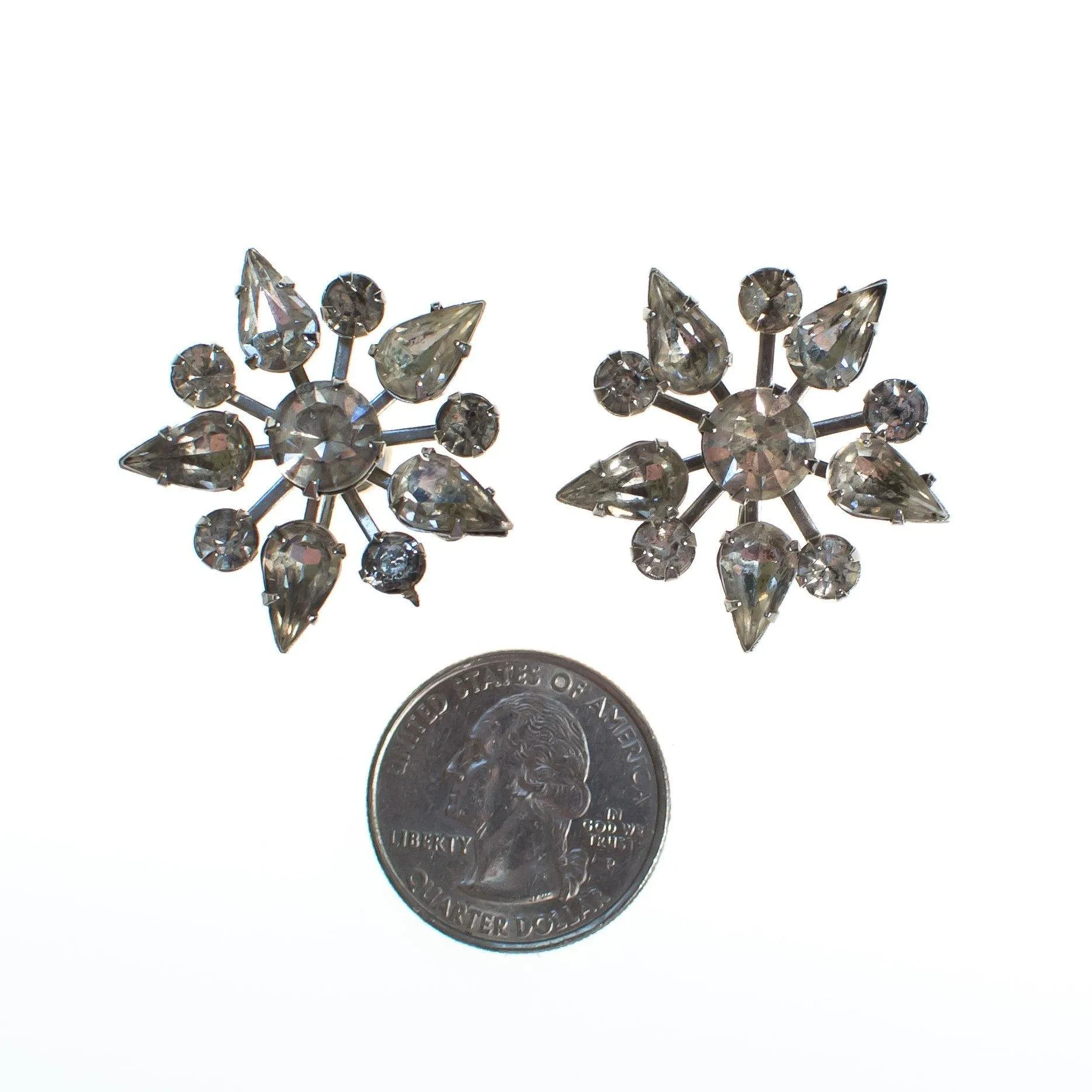 Vintage Art Deco Diamante Crystal Rhinestone Snowflake Earrings, Silver Tone, Screw Back