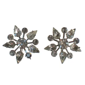 Vintage Art Deco Diamante Crystal Rhinestone Snowflake Earrings, Silver Tone, Screw Back