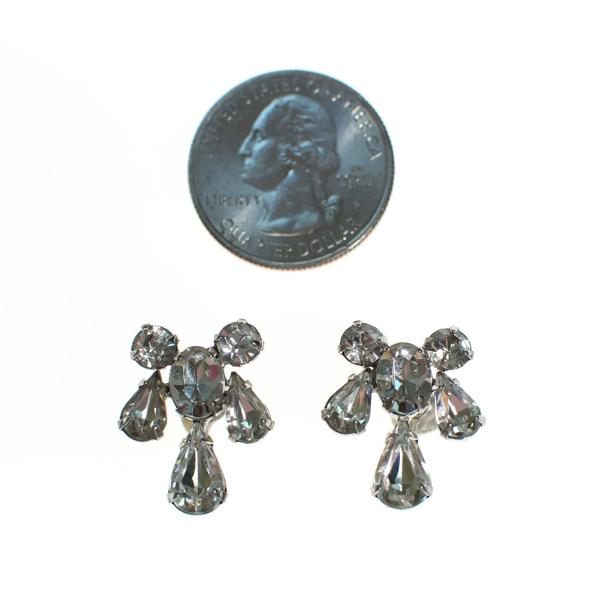 Vintage Art Deco Diamante Rhinestone Earrings, Screw Back, Silver Tone