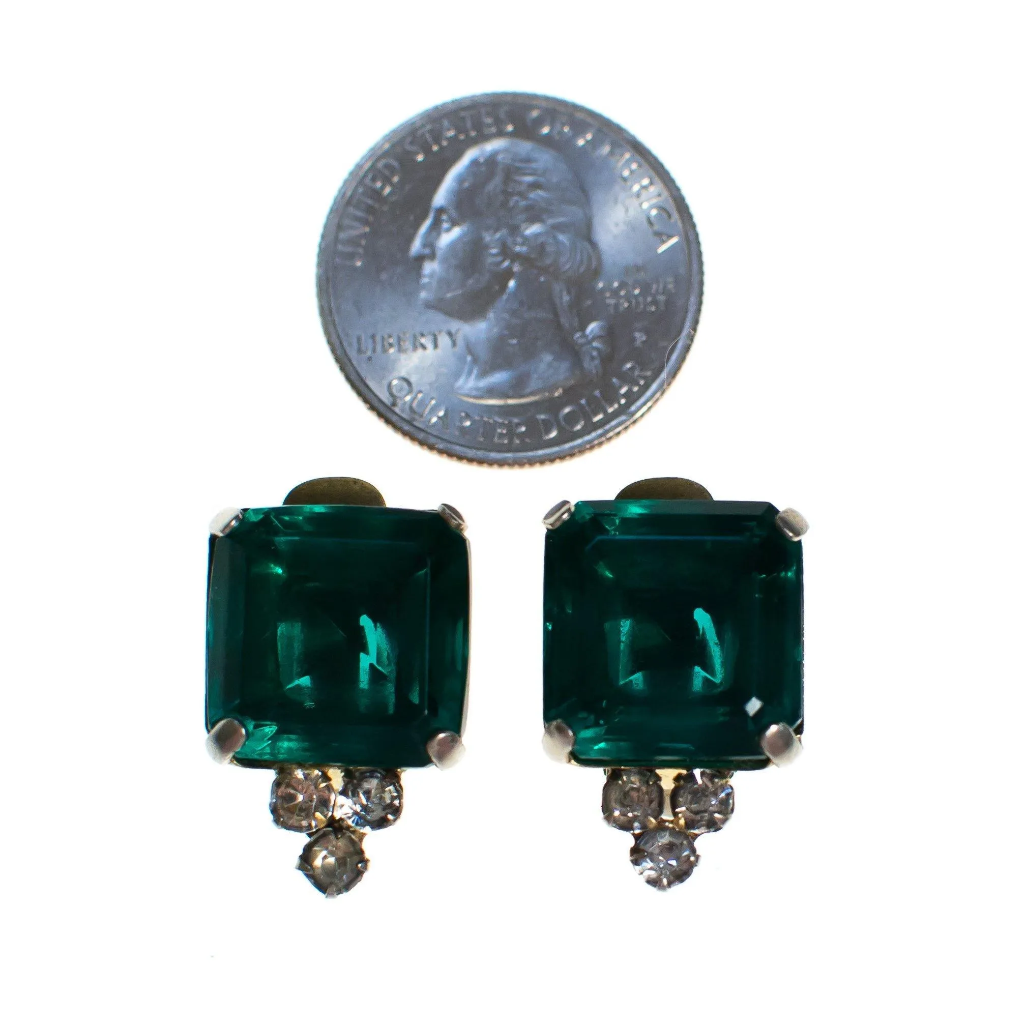 Vintage Art Deco Era Emerald Green Rhinestone Earrings, Clip-on, Clear Rhinestones