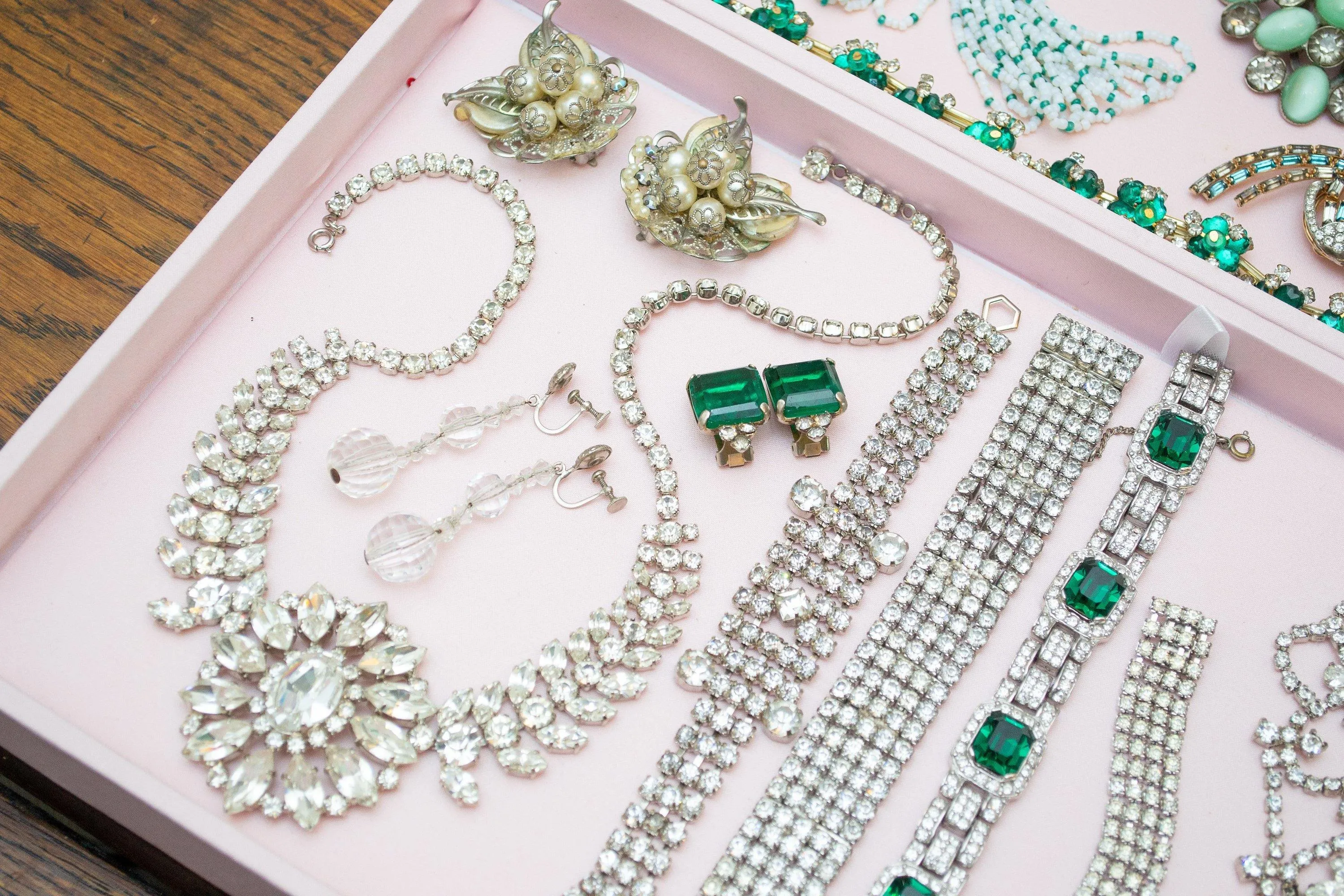 Vintage Art Deco Era Emerald Green Rhinestone Earrings, Clip-on, Clear Rhinestones