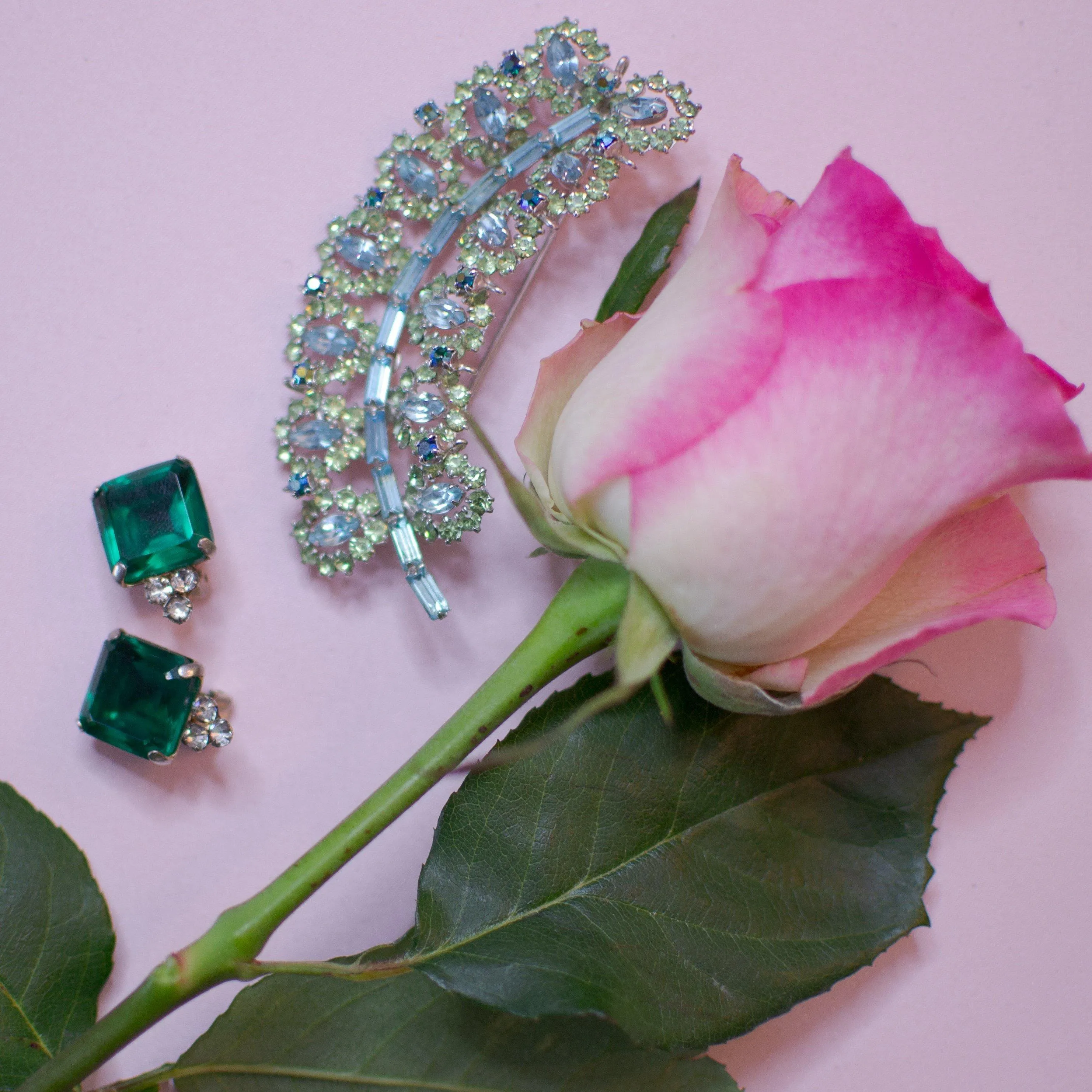 Vintage Art Deco Era Emerald Green Rhinestone Earrings, Clip-on, Clear Rhinestones