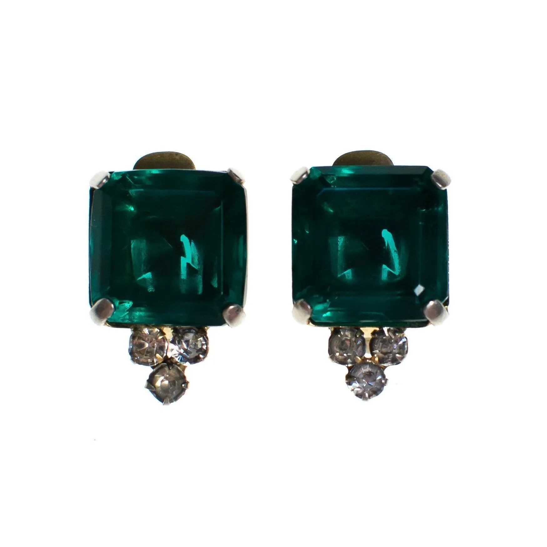 Vintage Art Deco Era Emerald Green Rhinestone Earrings, Clip-on, Clear Rhinestones