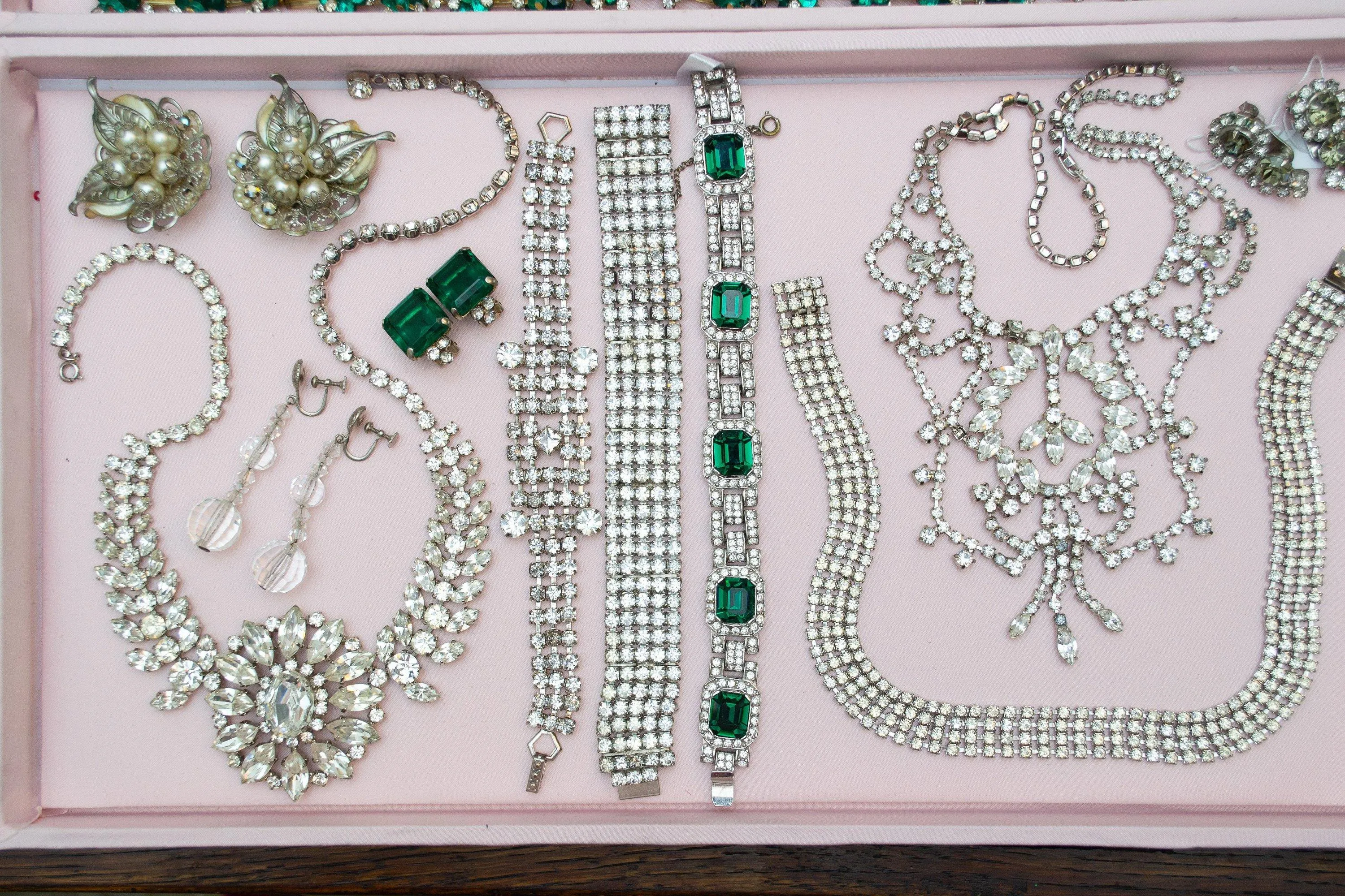 Vintage Art Deco Era Emerald Green Rhinestone Earrings, Clip-on, Clear Rhinestones