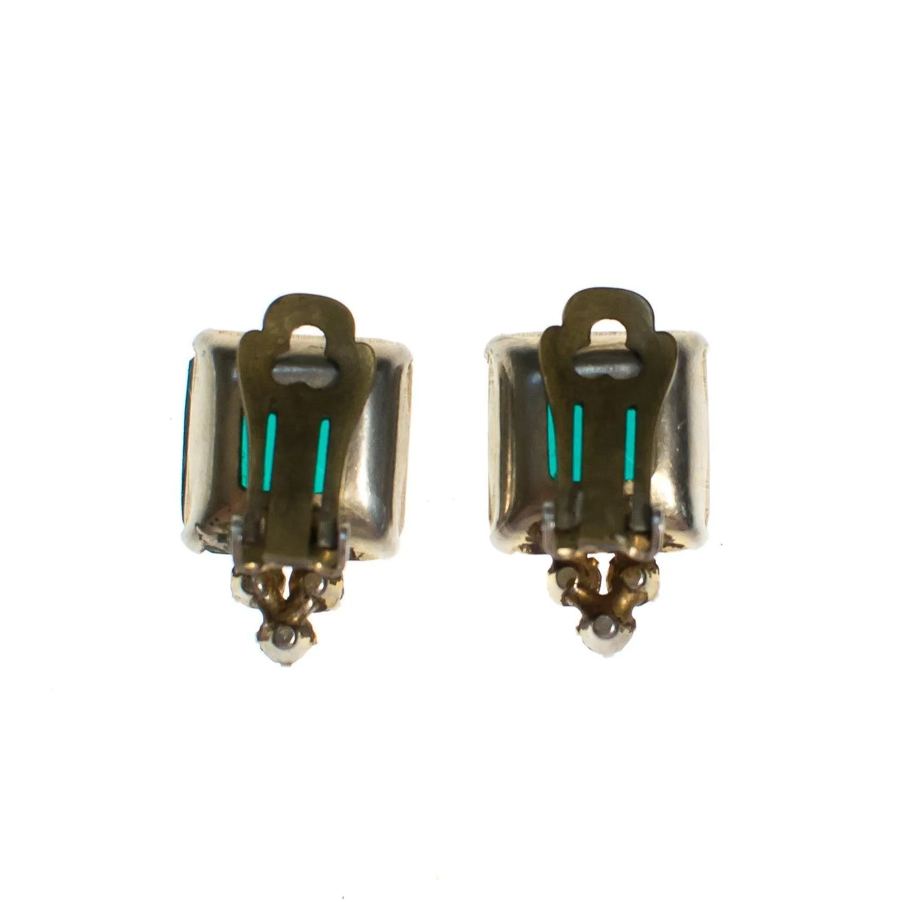 Vintage Art Deco Era Emerald Green Rhinestone Earrings, Clip-on, Clear Rhinestones
