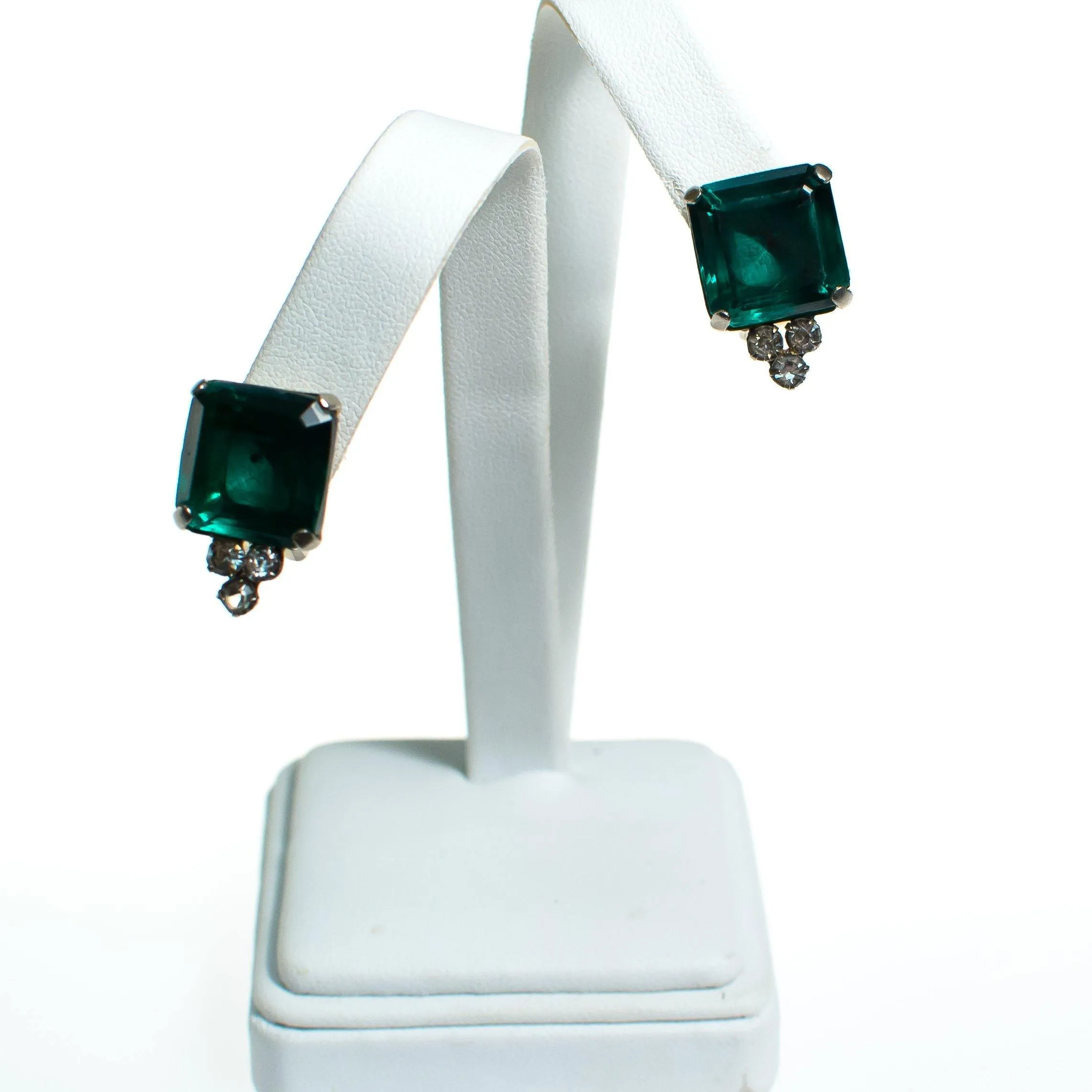 Vintage Art Deco Era Emerald Green Rhinestone Earrings, Clip-on, Clear Rhinestones