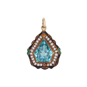 Vintage Art Deco Pendant Blue Zircon Pearl Enamel 14k Yellow Gold Fine Jewelry