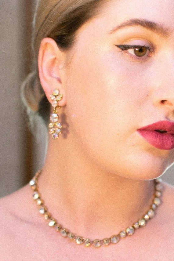 Vintage Aurora Borealis Rhinestone Chandelier Statement Earrings, Clip On, Dangling