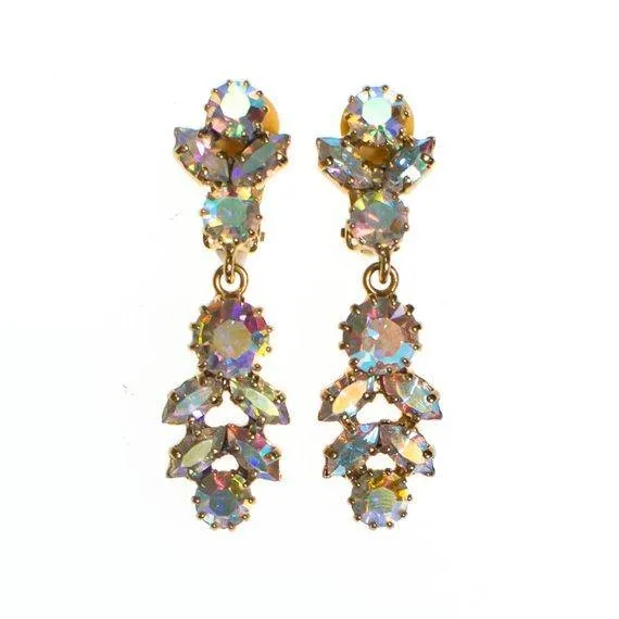 Vintage Aurora Borealis Rhinestone Chandelier Statement Earrings, Clip On, Dangling