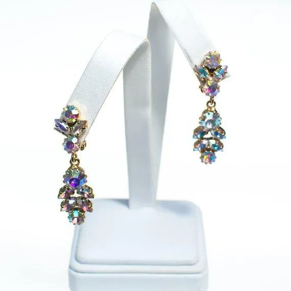 Vintage Aurora Borealis Rhinestone Chandelier Statement Earrings, Clip On, Dangling