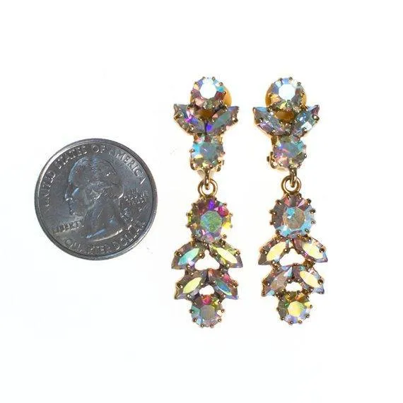 Vintage Aurora Borealis Rhinestone Chandelier Statement Earrings, Clip On, Dangling