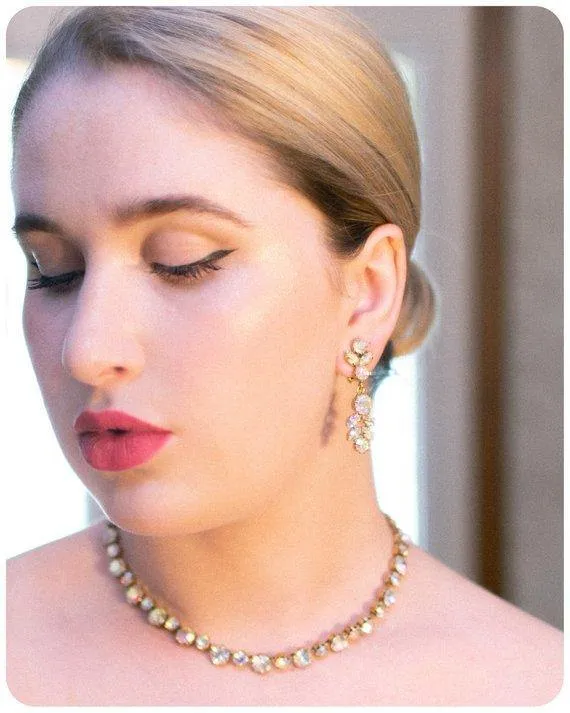 Vintage Aurora Borealis Rhinestone Chandelier Statement Earrings, Clip On, Dangling
