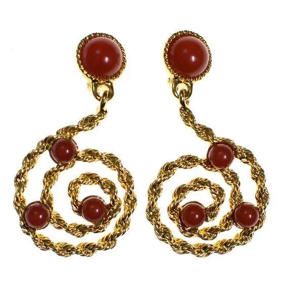 Vintage Avon Gold Scroll Statement Earrings with Carnelian Lucite Cabochons