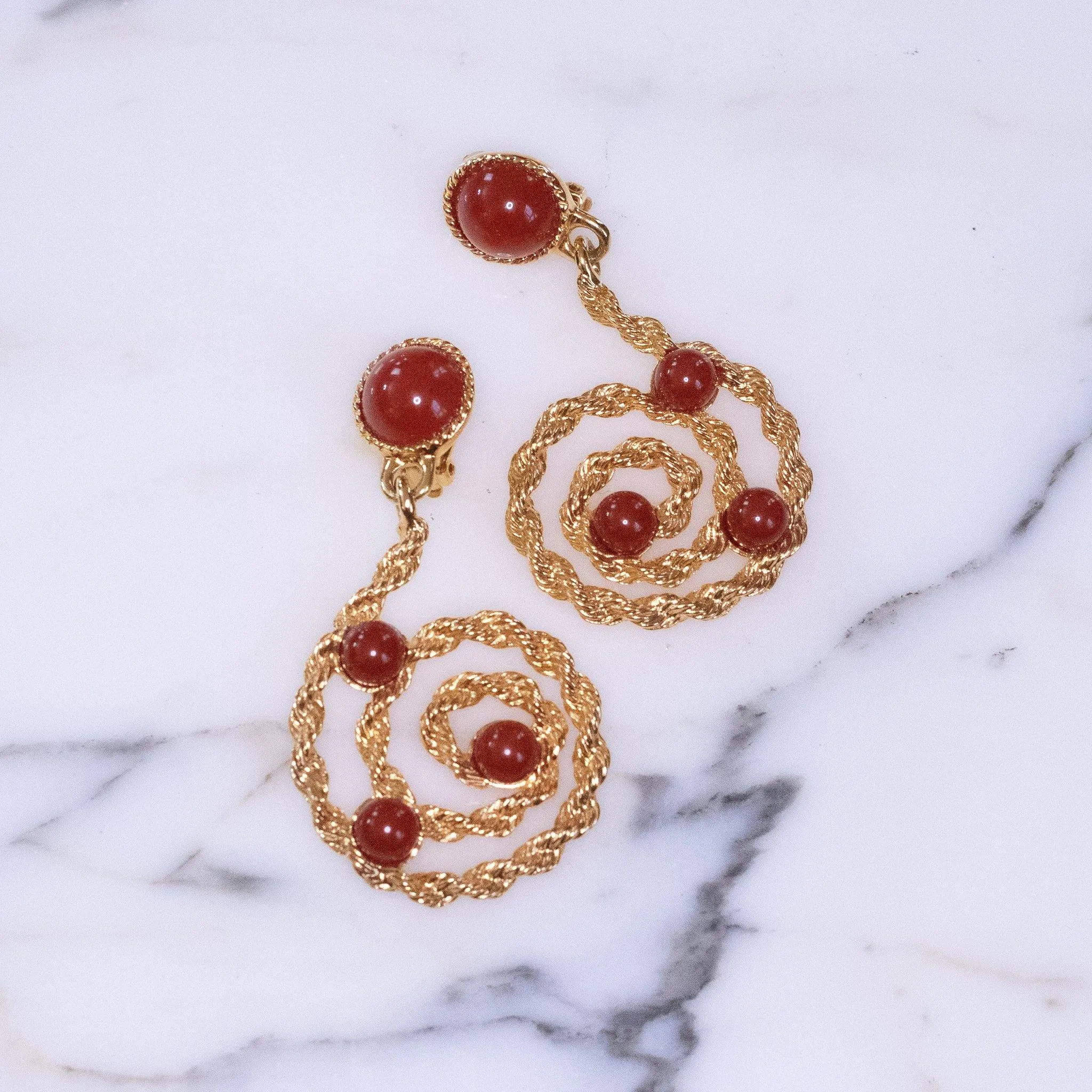 Vintage Avon Gold Scroll Statement Earrings with Carnelian Lucite Cabochons