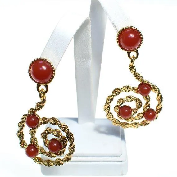 Vintage Avon Gold Scroll Statement Earrings with Carnelian Lucite Cabochons