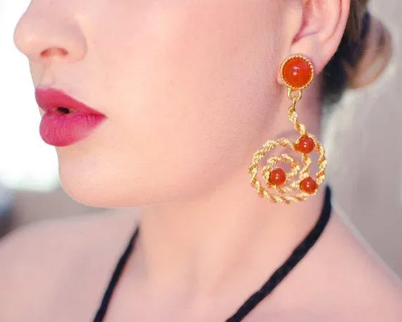 Vintage Avon Gold Scroll Statement Earrings with Carnelian Lucite Cabochons