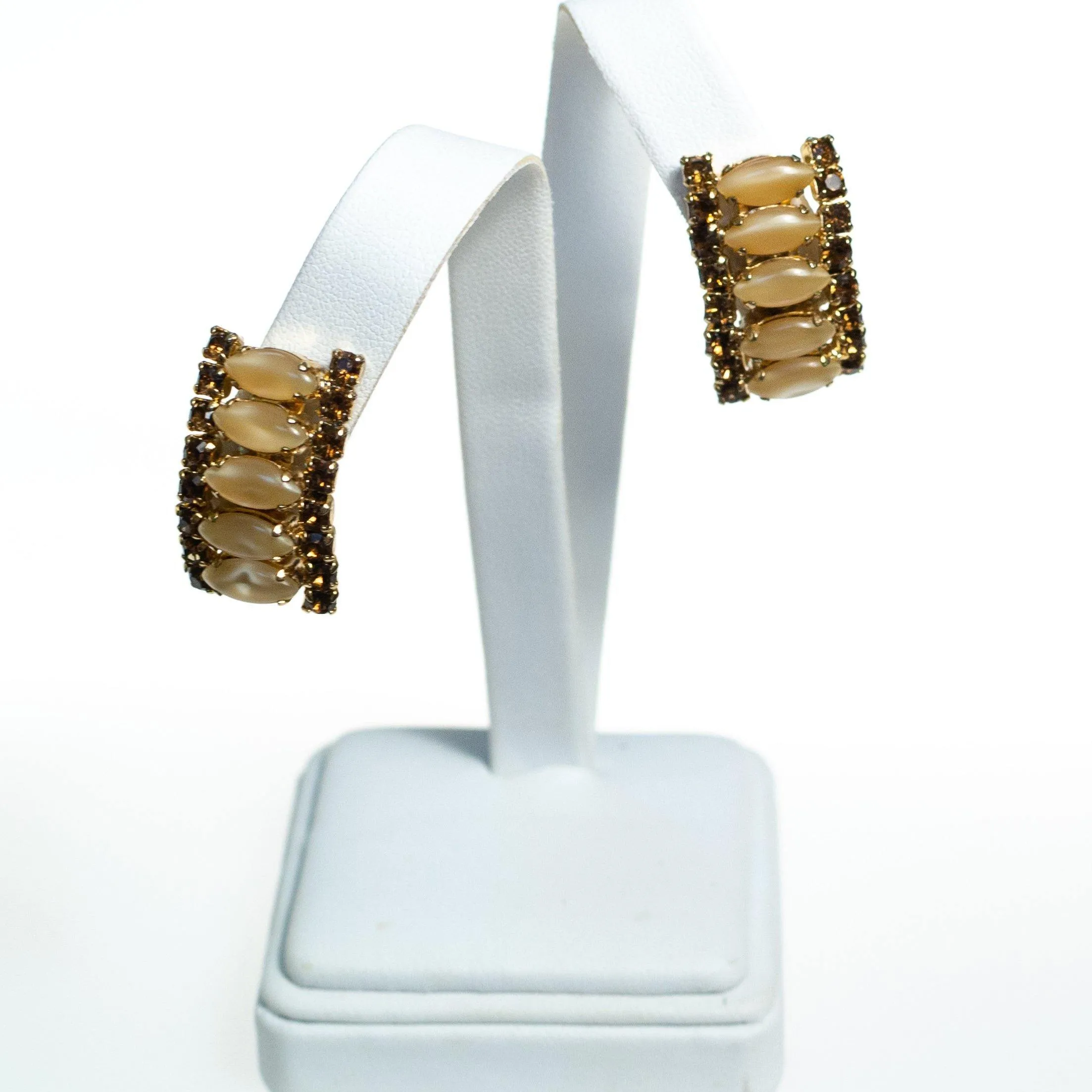 Vintage Champagne and Amber Rhinestones Earrings, Clip On