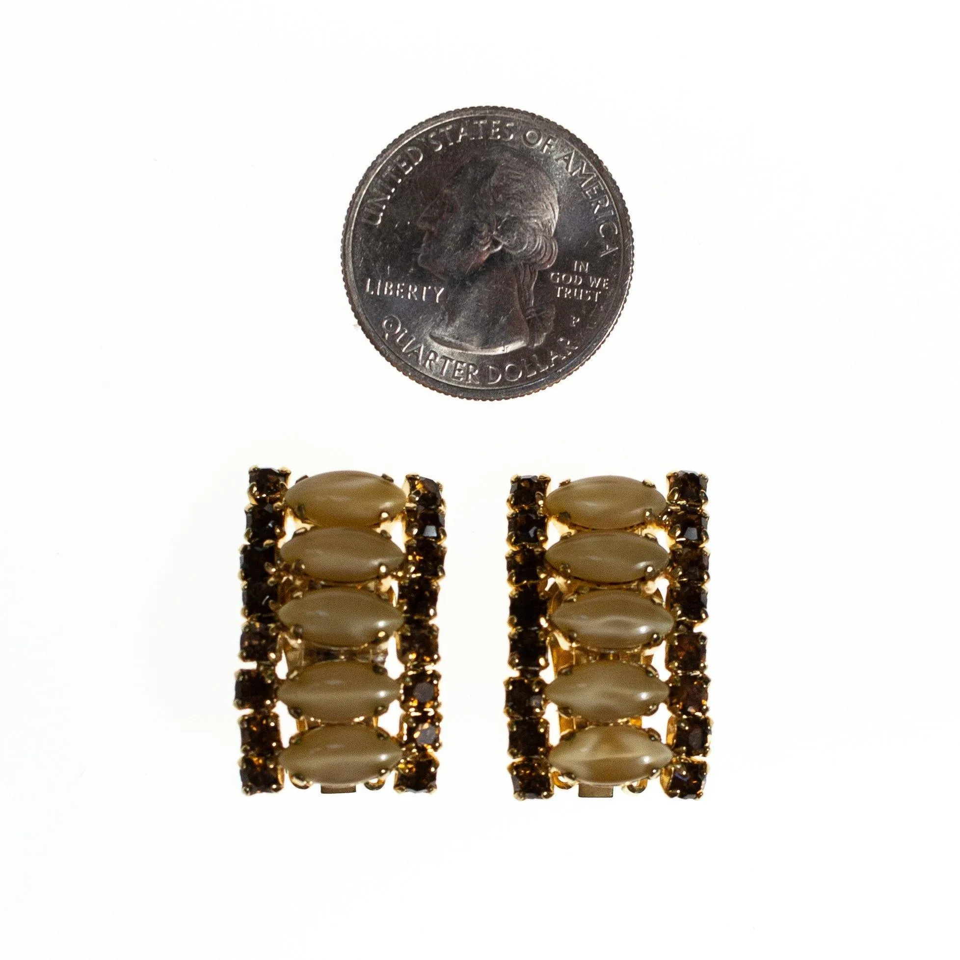 Vintage Champagne and Amber Rhinestones Earrings, Clip On