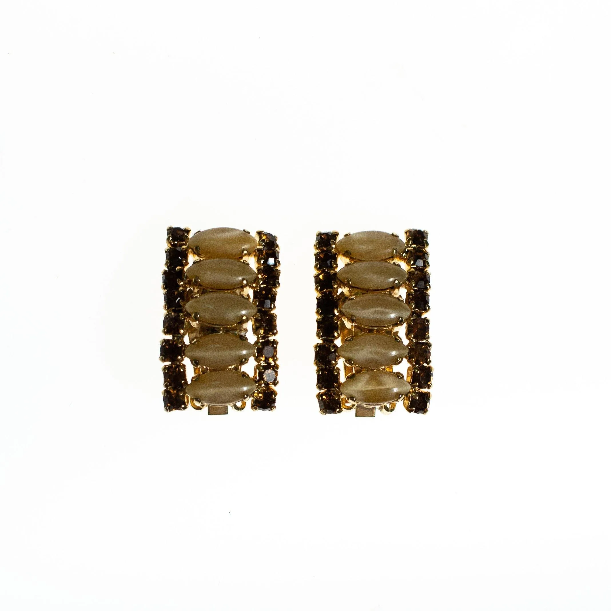 Vintage Champagne and Amber Rhinestones Earrings, Clip On