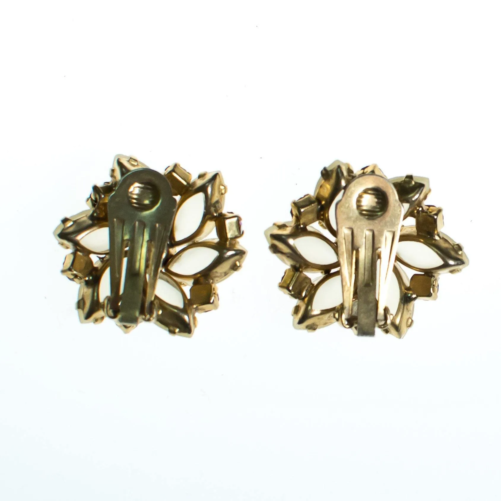 Vintage Champagne Frosted Crystal and Aurora Borealis Rhinestone Flower Statement Earrings, Clip On