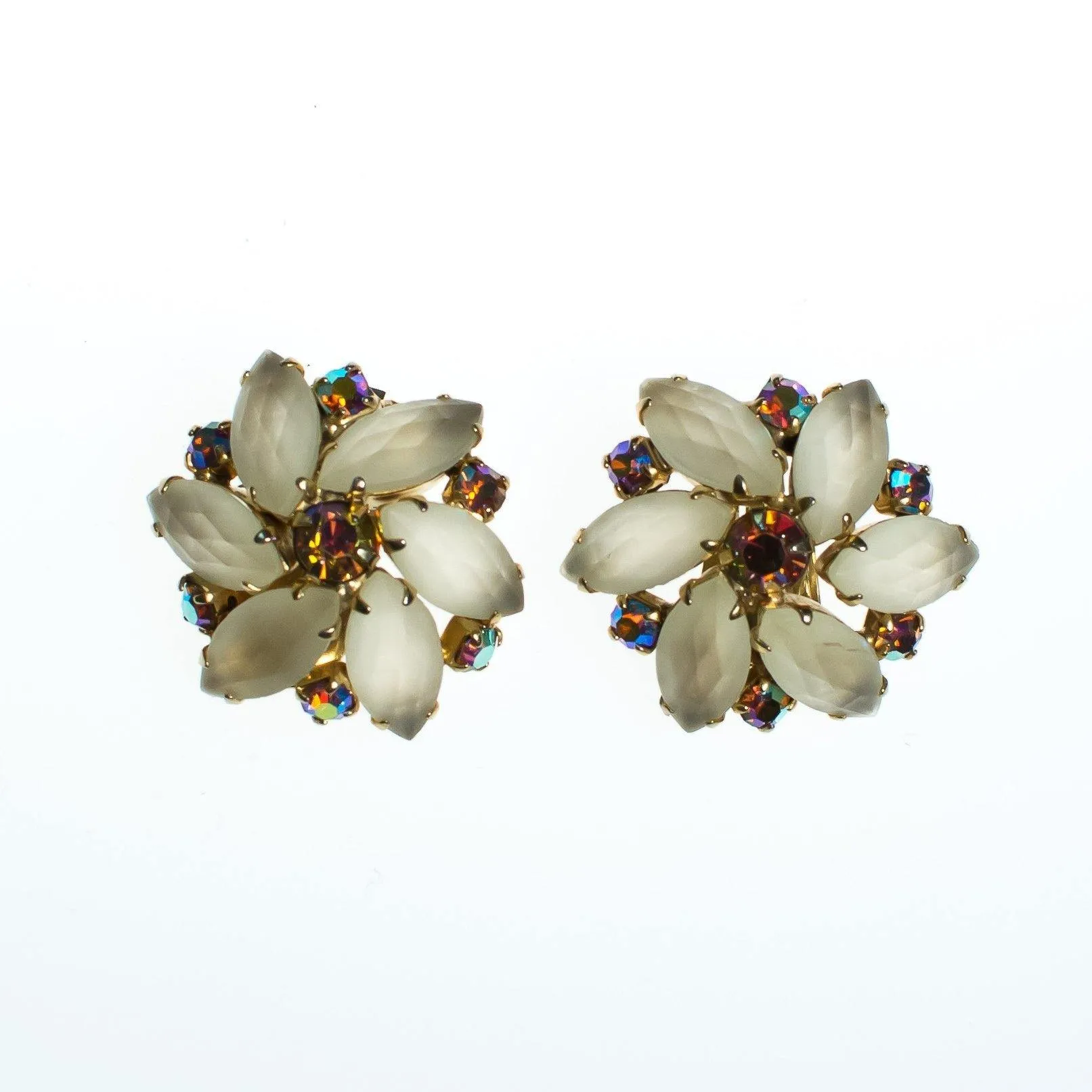 Vintage Champagne Frosted Crystal and Aurora Borealis Rhinestone Flower Statement Earrings, Clip On